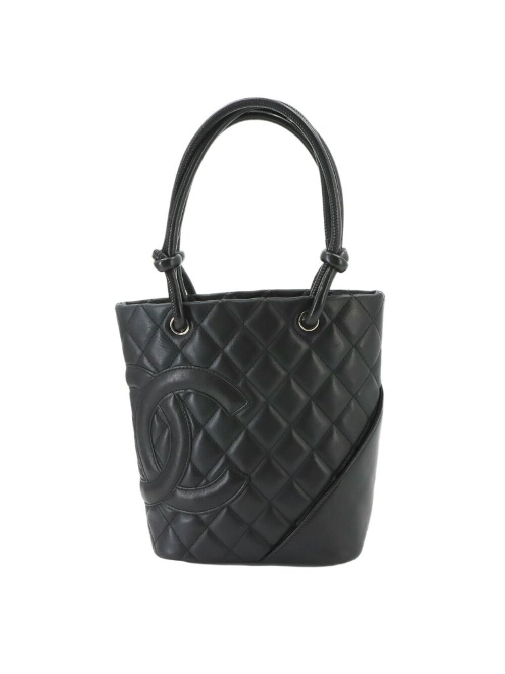 Chanel Cambon Line Small Tote Bag Leather Black Silver